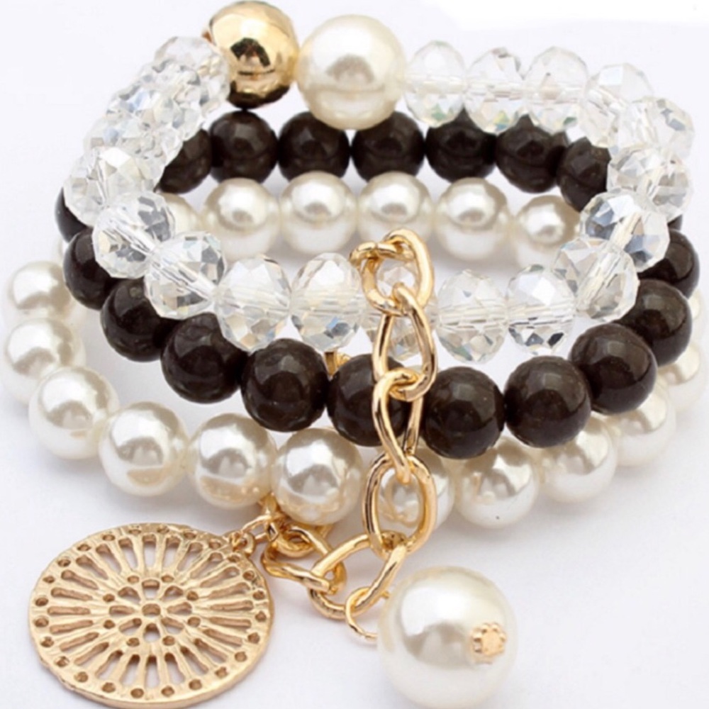 Ebony Charm Multi Layer Pearl Stretch Bracelet New